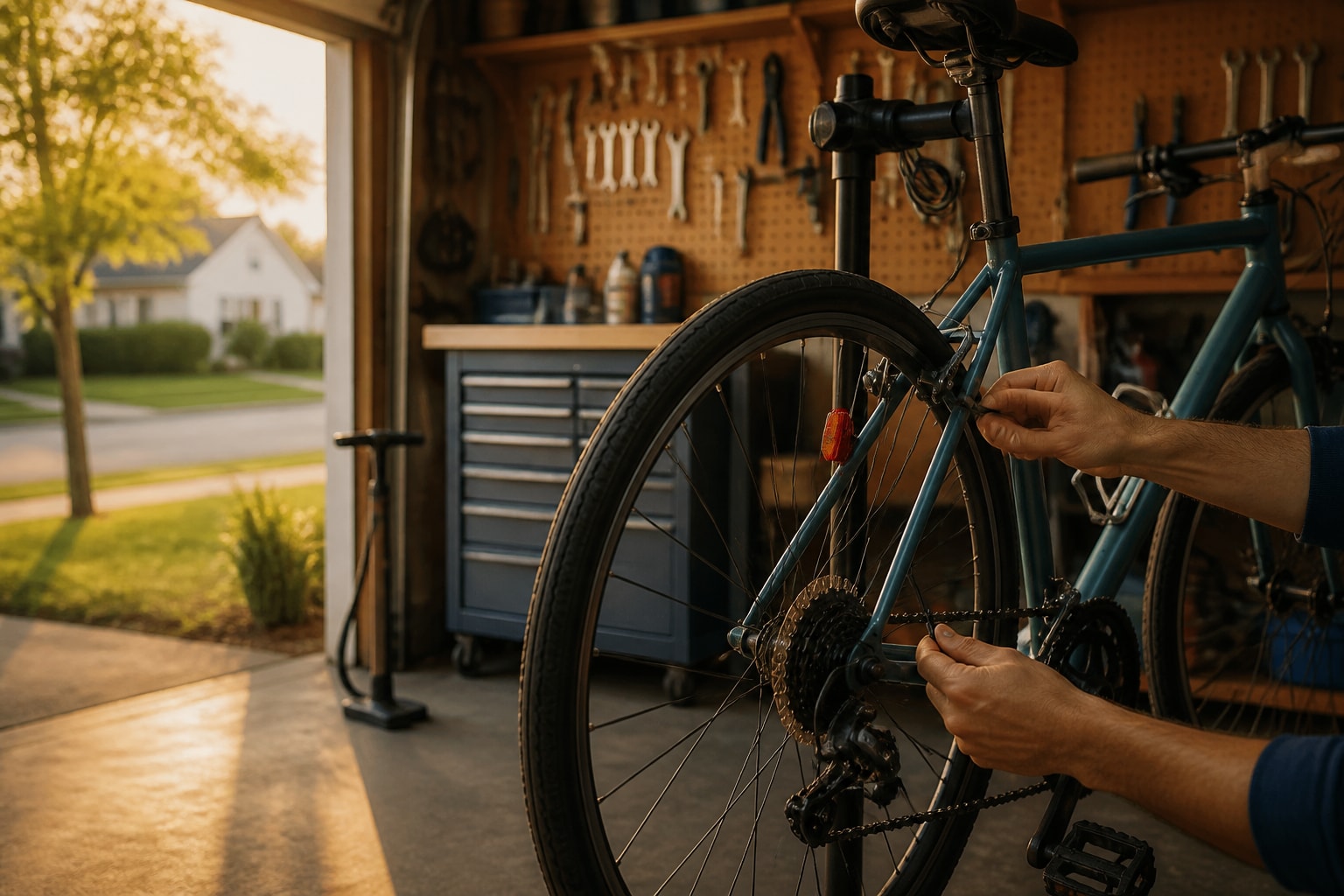 A commuter bicycle being checked in a bright home garage